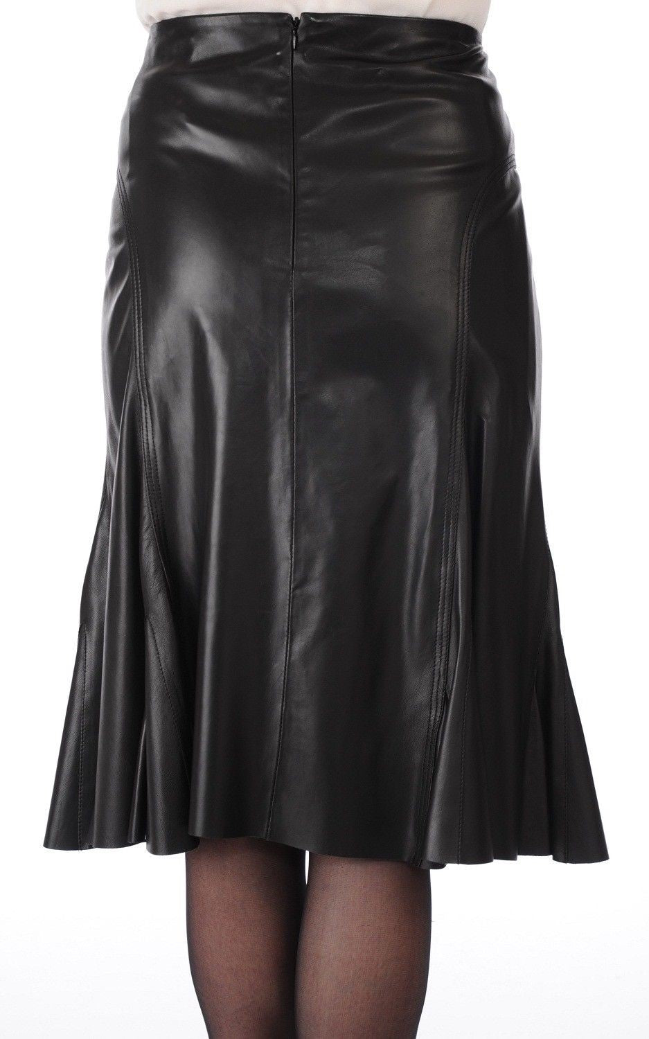 Women's Knee Length Black Leather Godet Skirt WS19