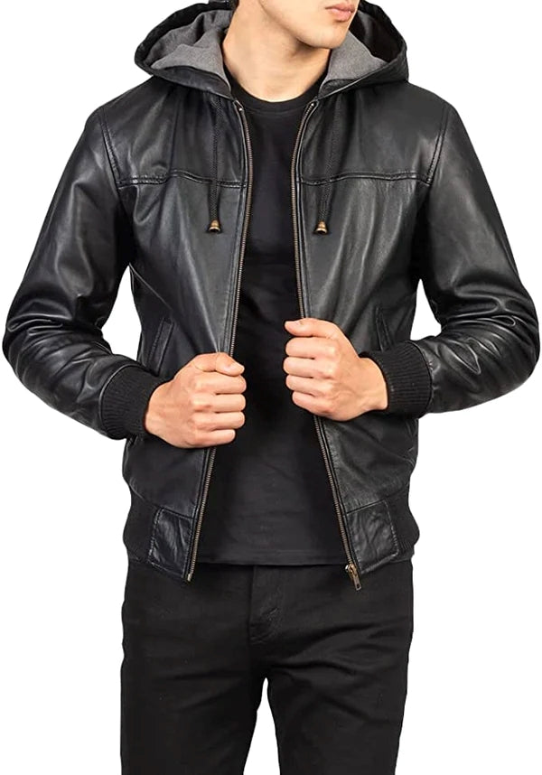 Men’s Lambskin Leather Hooded Bomber Jacket MZ13