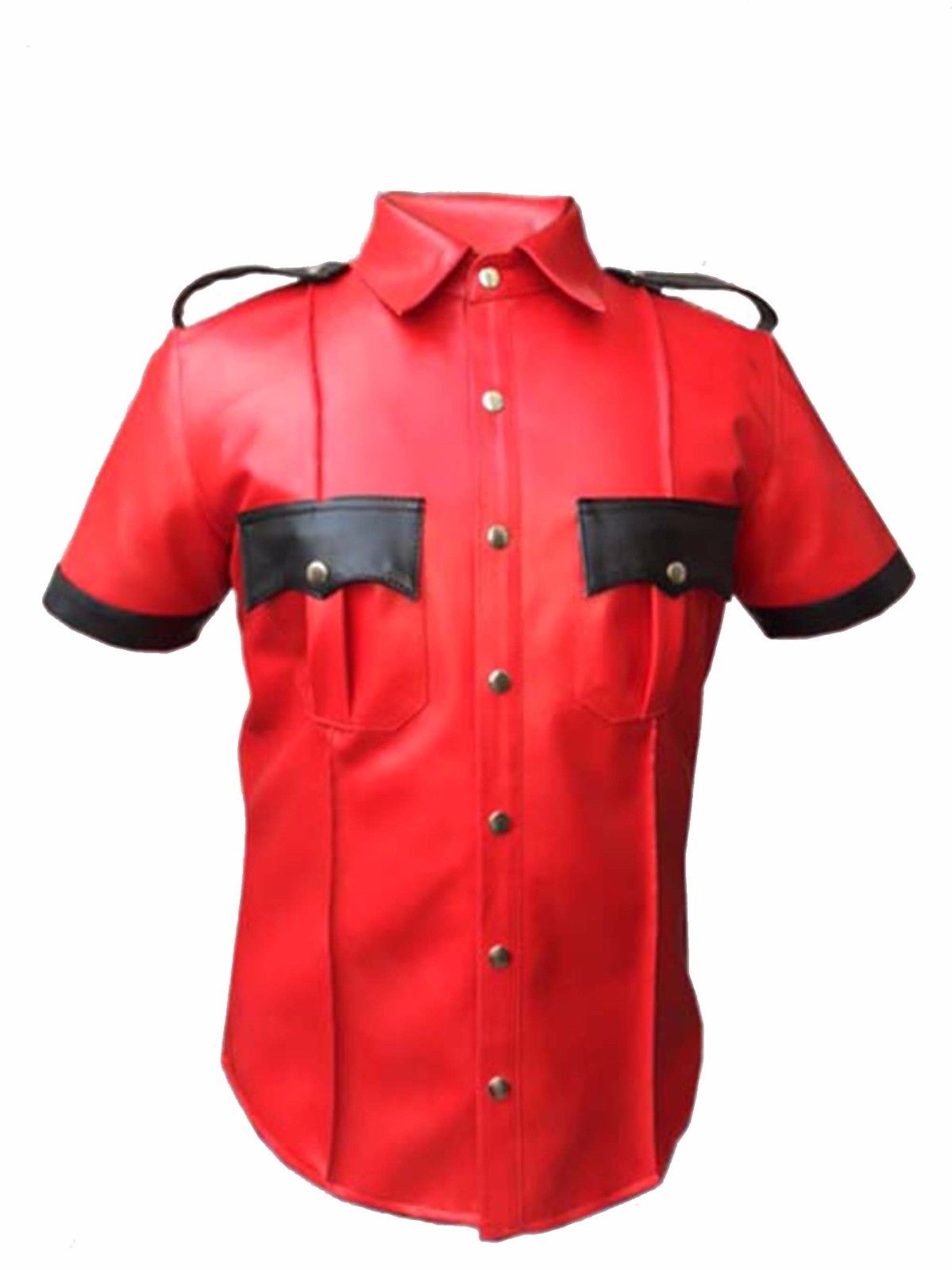 Men's Red Short Sleeve Leather Shirt MS24