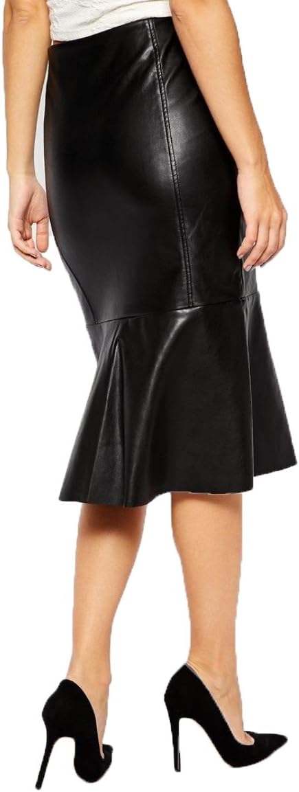 Women's Below Knee Black Leather Godet Skirt WS30