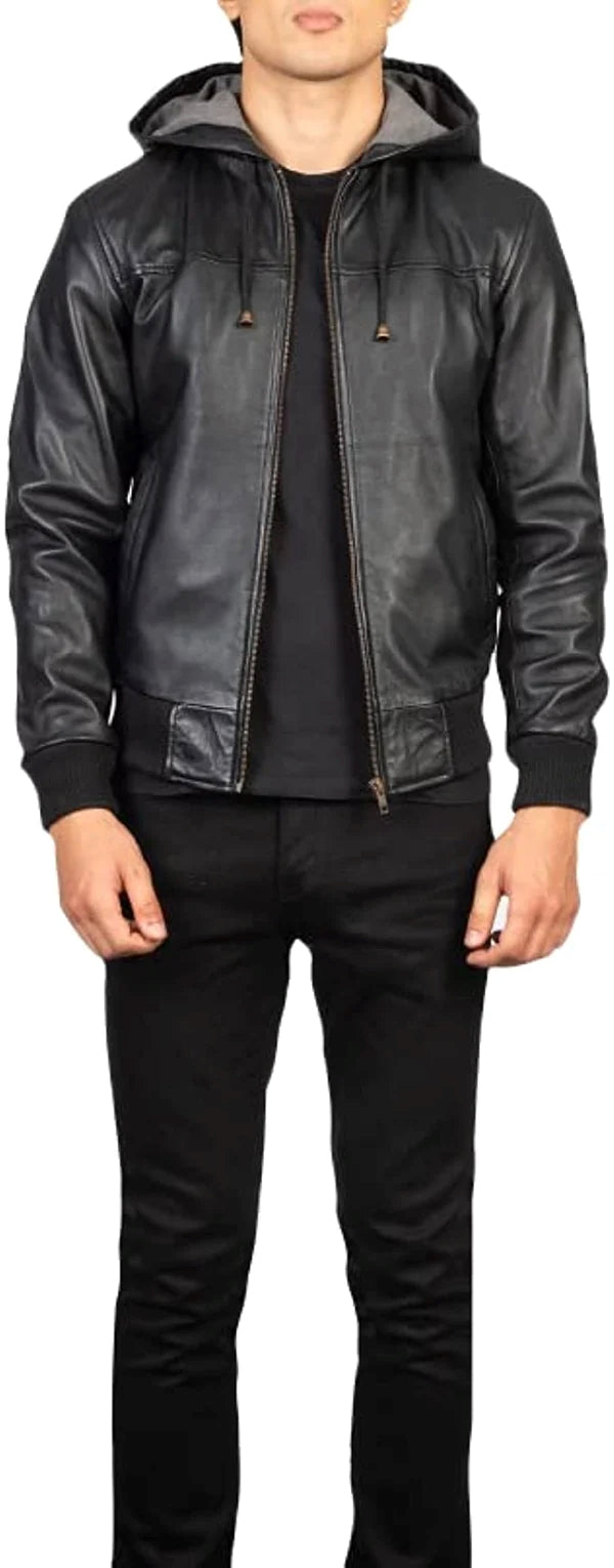 Men’s Lambskin Leather Hooded Bomber Jacket MZ13