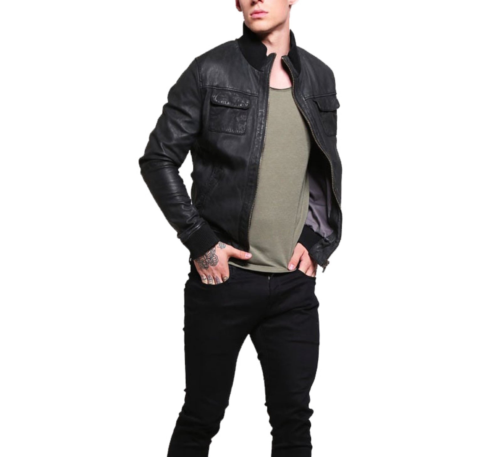 Men's Stylish Black Genuine Leather Bomber Jacket MZ06