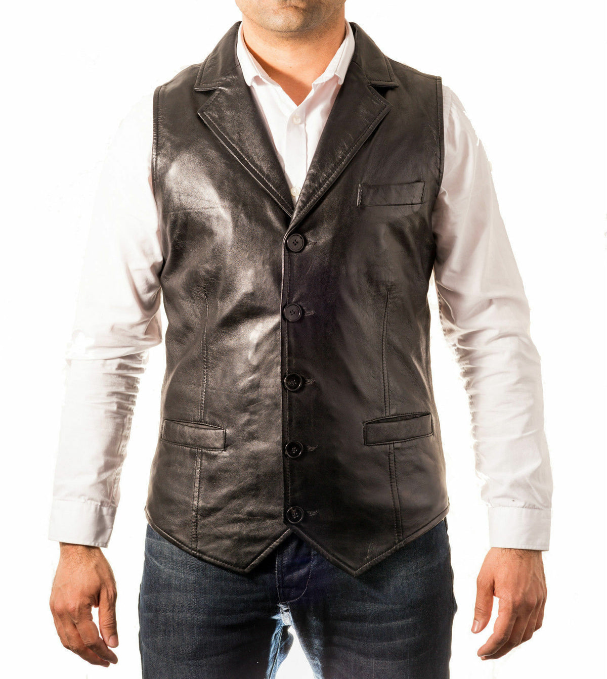 Men’s Slim Fit Leather Vest Coat with Notched Lapel MV16