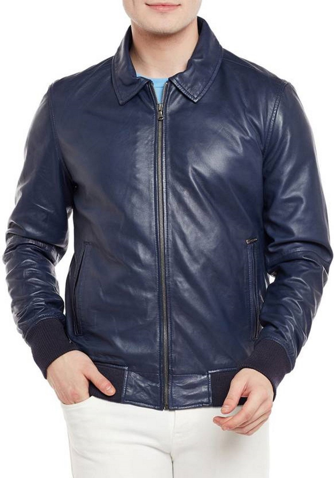 Men's Navy Blue Genuine Leather Bomber Jacket MZ04