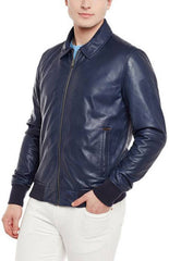 Men's Navy Blue Genuine Leather Bomber Jacket MZ04