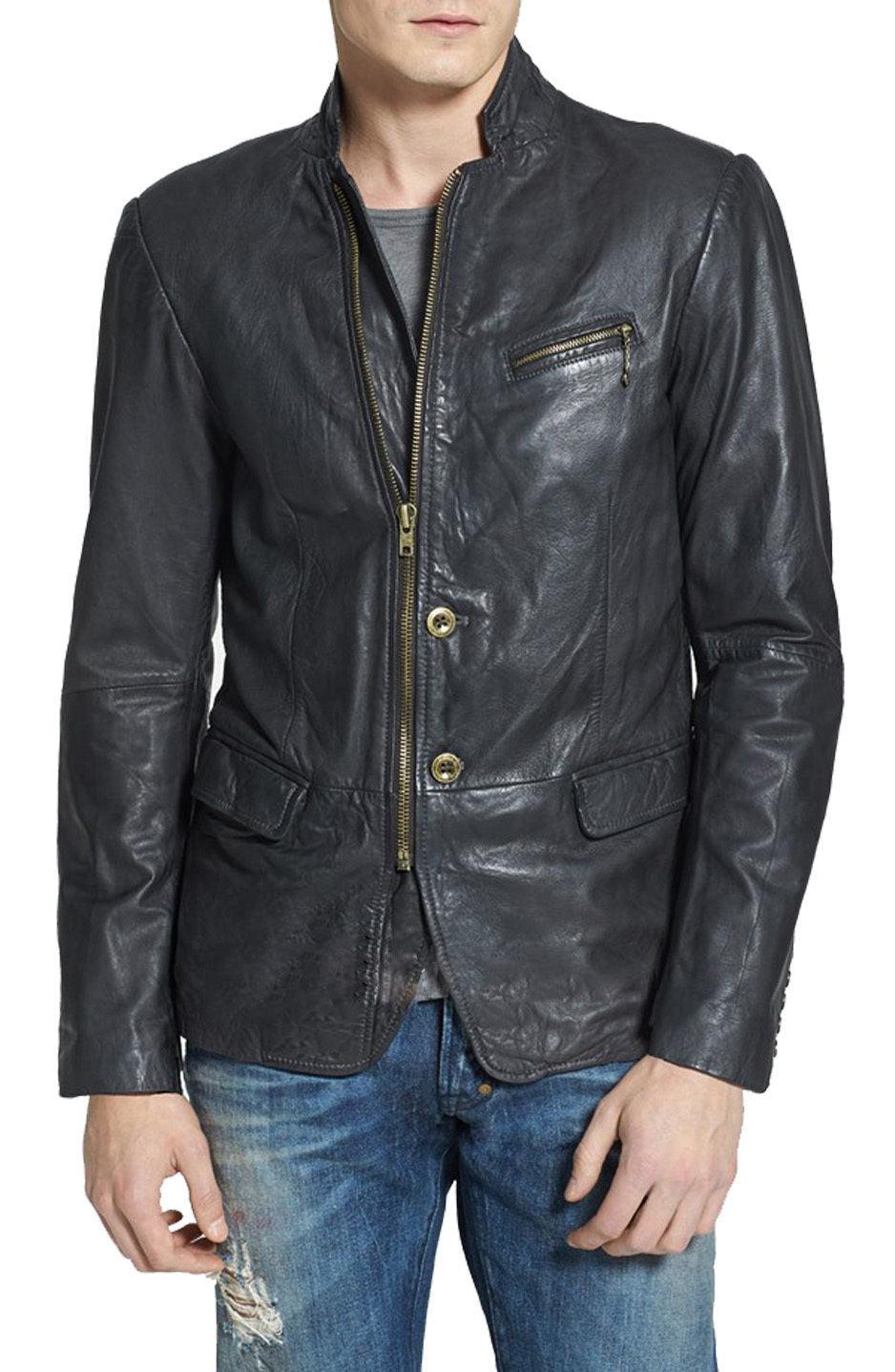 Men's Metallic Zipper Closure Black Leather Blazer TB020 - Travel Hide