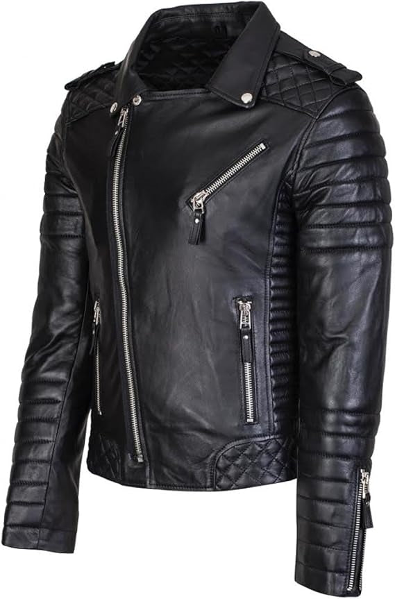 Men's Slim Fit Quilted Leather Motorcycle Jacket MJ050