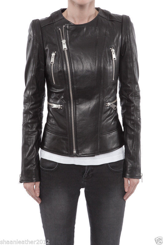 Women's Round Neck Black Leather Jacket WJ045