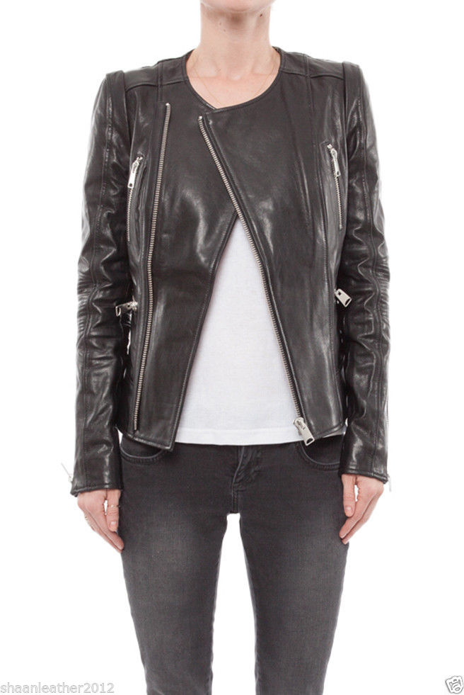 Women's Round Neck Black Leather Jacket WJ045