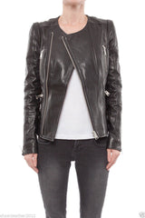 Women's Round Neck Black Leather Jacket WJ045