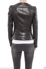 Women's Round Neck Black Leather Jacket WJ045