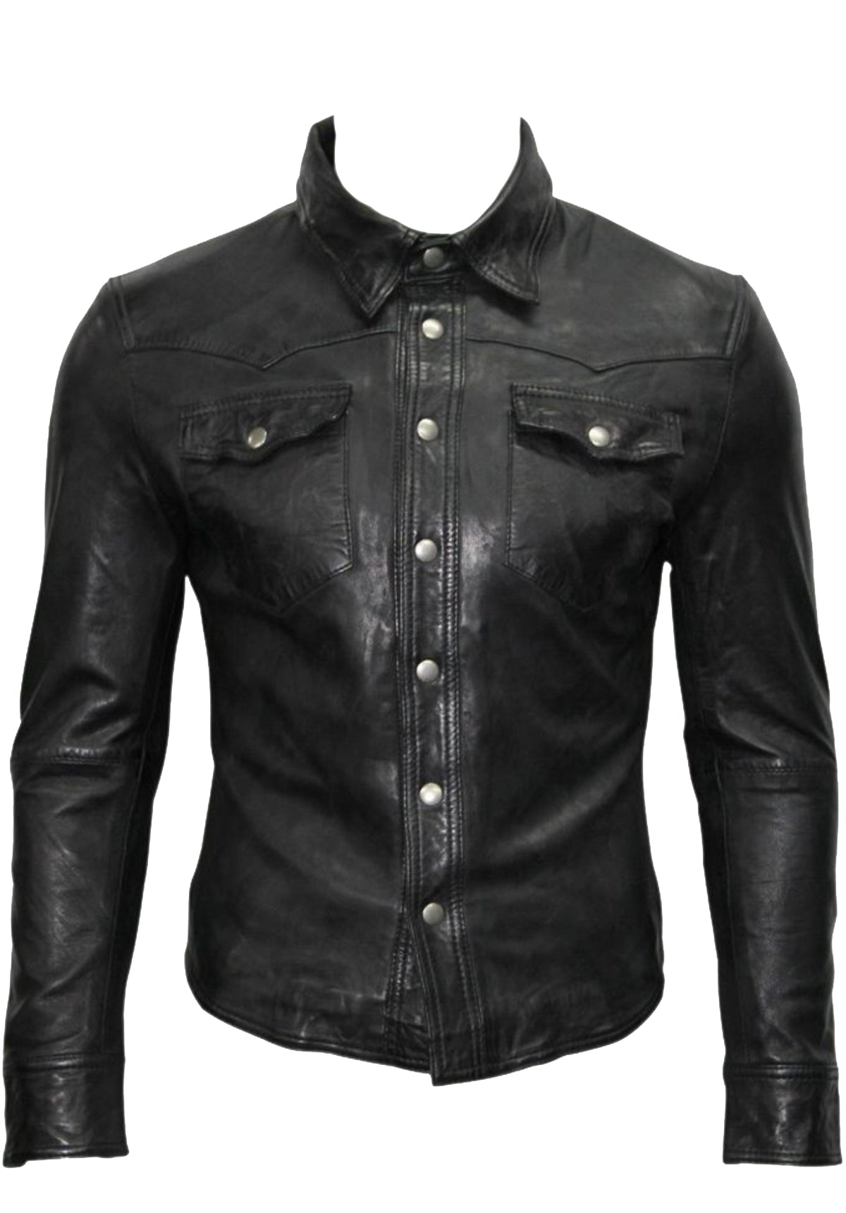 Men's Black Leather Slim Fit Snap Button Shirt MS02