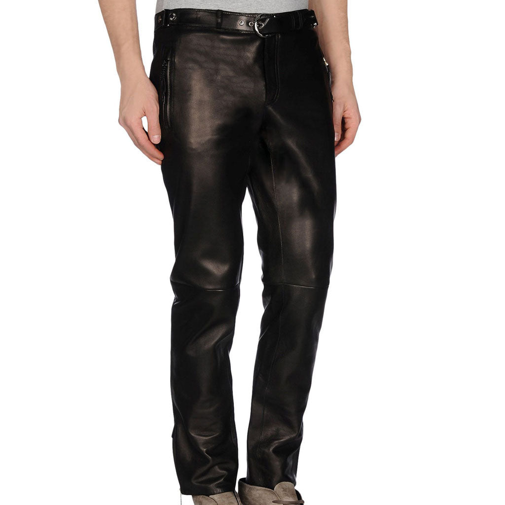 Men's Black Leather Slim Fit Pants with Zipper Pockets MP15