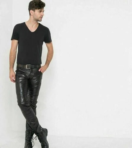 Men’s Slim Fit Lambskin Leather Pants with Quilted Knees MP38