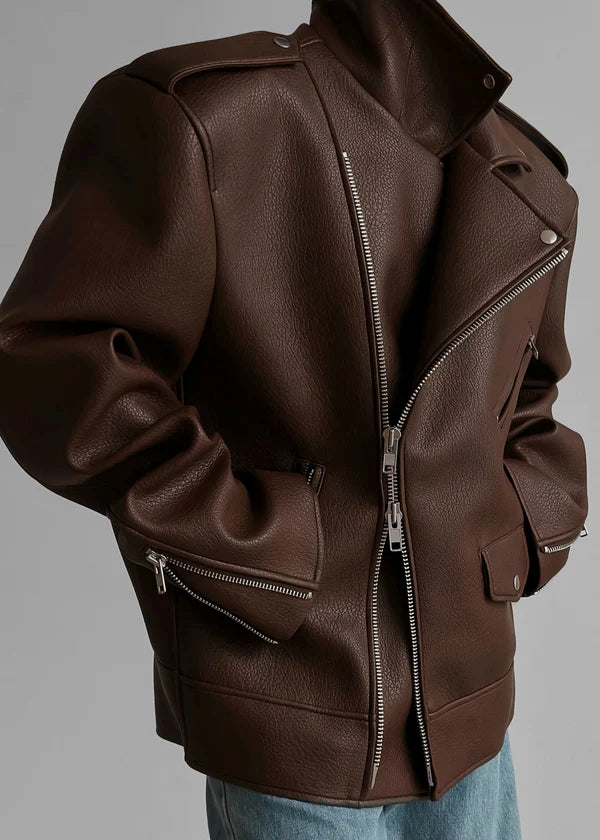 Women's Oversized Brown Leather Jacket with Zipper Details WJ069