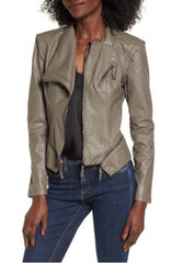 Women's Asymmetrical Collar Gray Leather Jacket WJ054