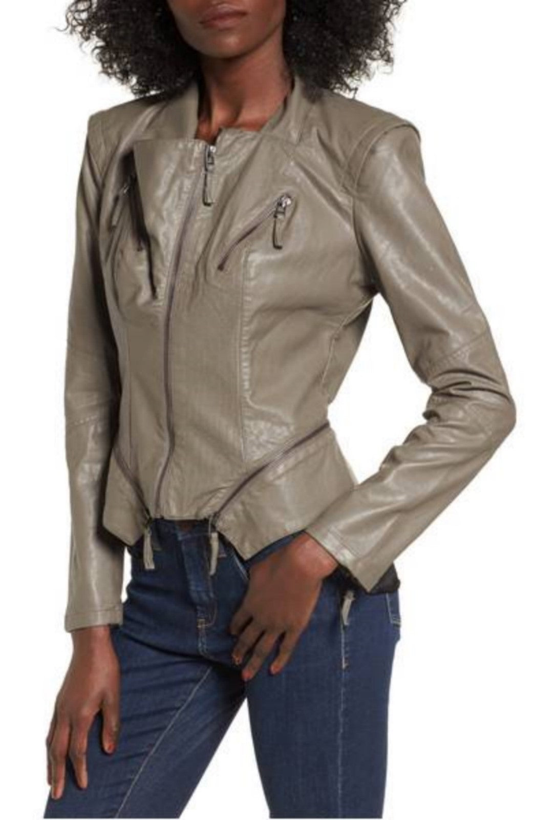 Women's Asymmetrical Collar Gray Leather Jacket WJ054