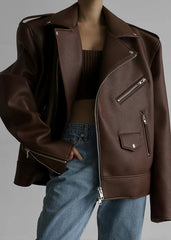 Women's Oversized Brown Leather Jacket with Zipper Details WJ069