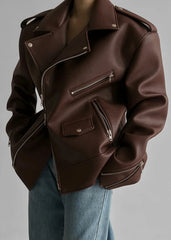 Women's Oversized Brown Leather Jacket with Zipper Details WJ069