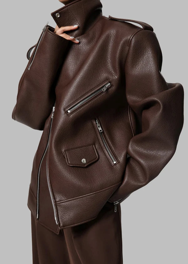 Women's Oversized Brown Leather Jacket with Zipper Details WJ069