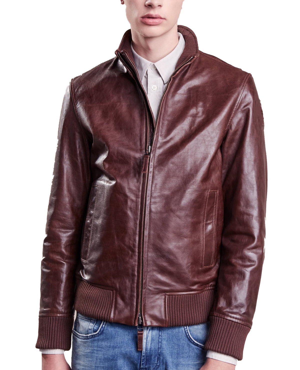 Men's Brown Genuine Leather Bomber Jacket MZ08