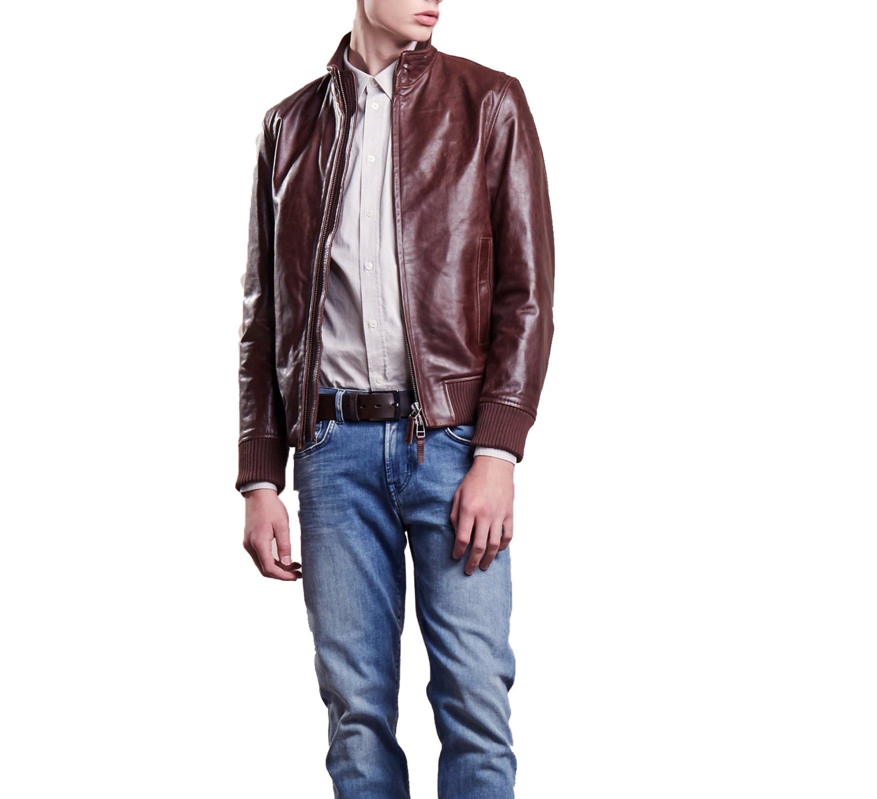 Men's Brown Genuine Leather Bomber Jacket MZ08