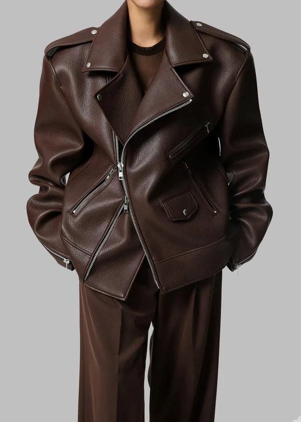 Women's Oversized Brown Leather Jacket with Zipper Details WJ069