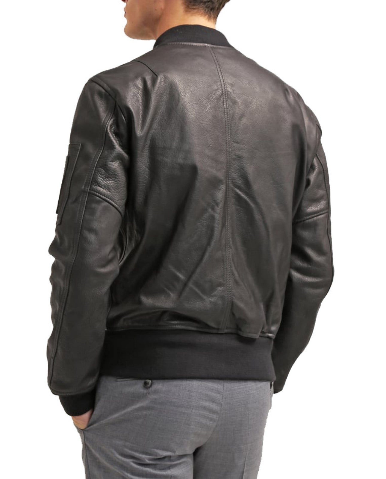 Men's Gray Leather Classic Bomber Jacket MZ07