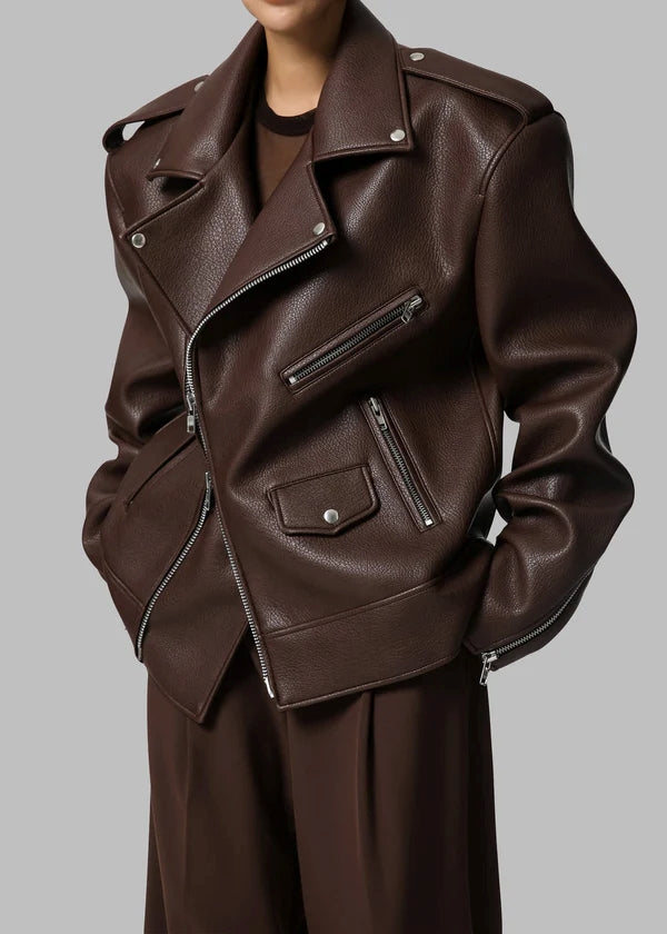 Women's Oversized Brown Leather Jacket with Zipper Details WJ069