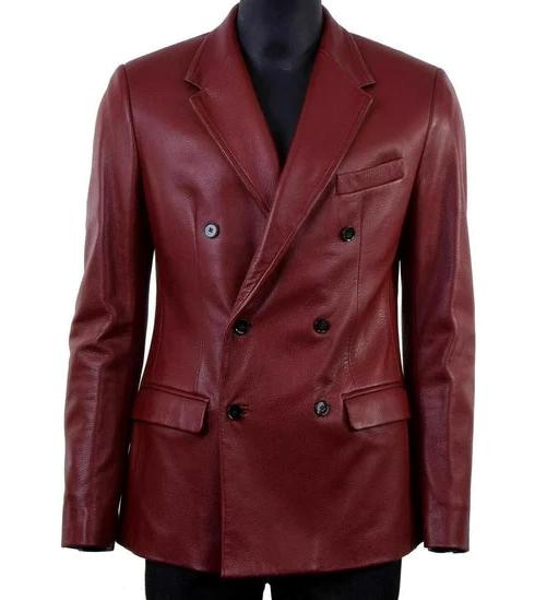 Men’s Double Breasted Maroon Lambskin Leather Blazer TB038