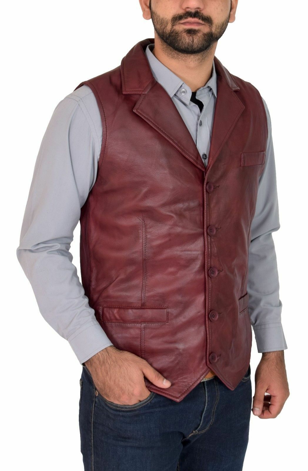 Men's Slim Fit Burgundy Leather Vest MV10