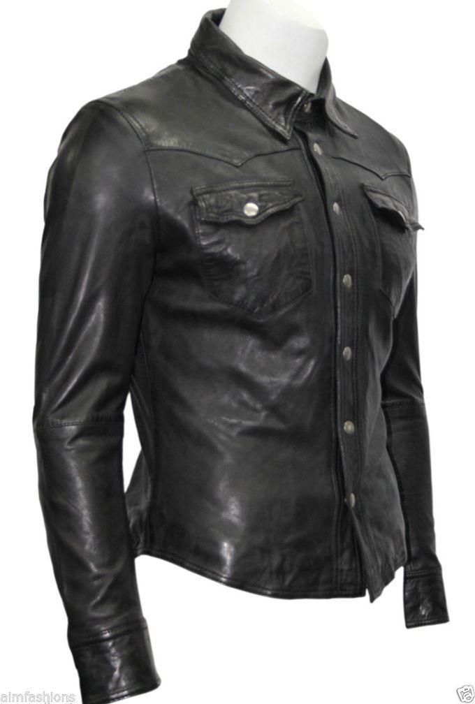 Men's Black Leather Slim Fit Snap Button Shirt MS02