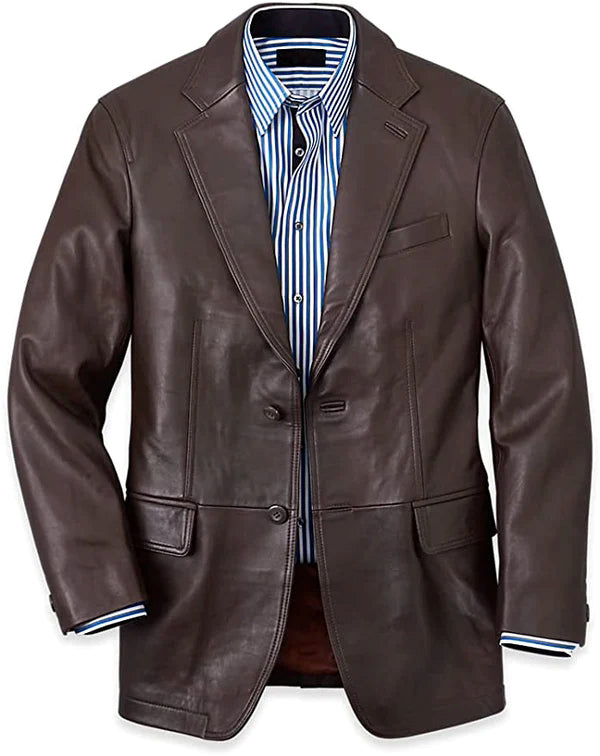 Men’s Two Button Dark Brown Lambskin Leather Blazer TB037