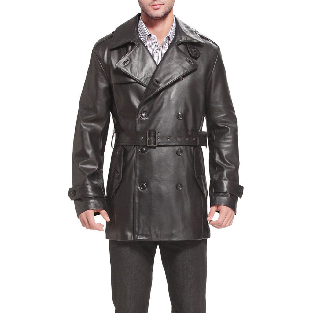 Men's Double Breasted Black Leather Trench Coat MC14