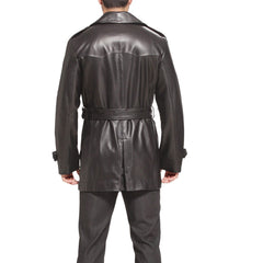 Men's Double Breasted Black Leather Trench Coat MC14