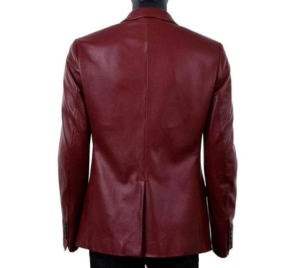 Men’s Double Breasted Maroon Lambskin Leather Blazer TB038