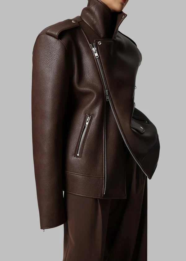 Women's Oversized Brown Leather Jacket with Zipper Details WJ069