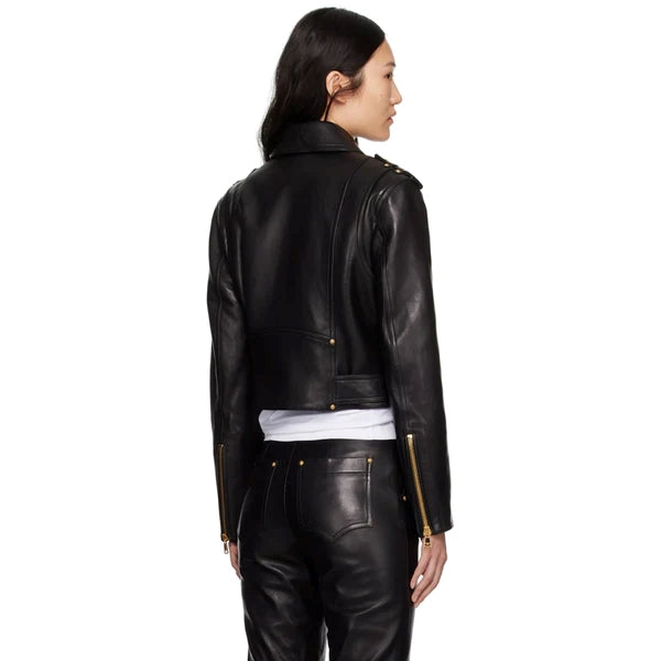 Women’s Lambskin Leather Cropped Motorcycle Jacket WJ075