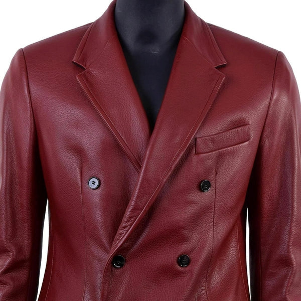 Men’s Double Breasted Maroon Lambskin Leather Blazer TB038