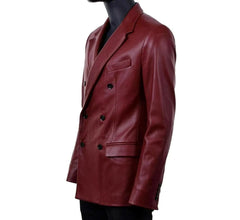 Men’s Double Breasted Maroon Lambskin Leather Blazer TB038