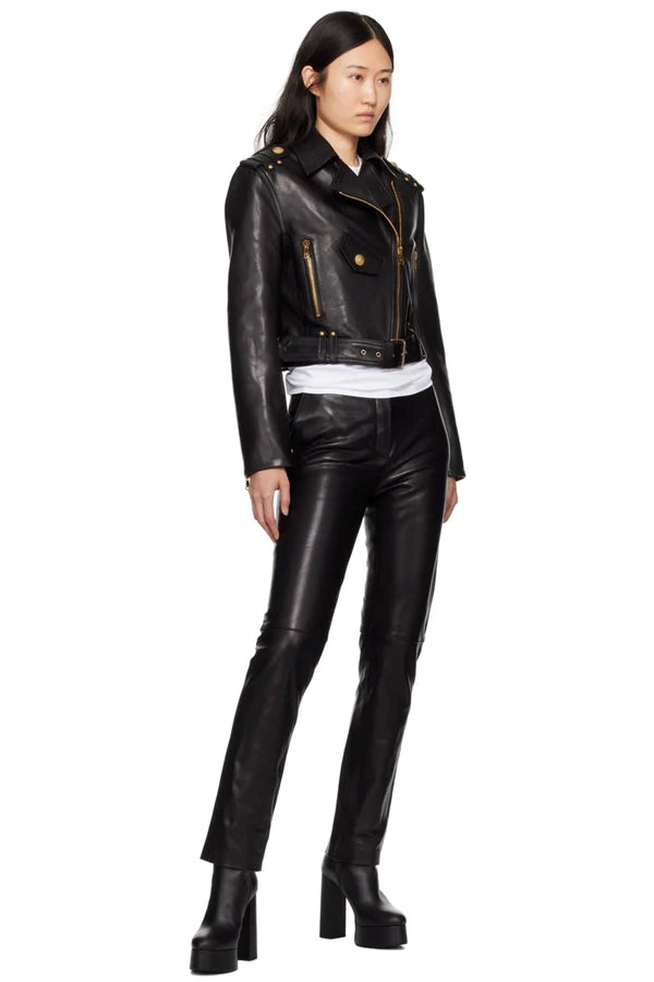 Women’s Lambskin Leather Cropped Motorcycle Jacket WJ075