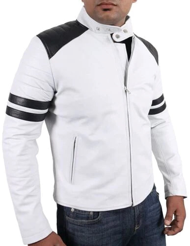 Men’s White Lambskin Leather Motorcycle Jacket with Black Stripes MJ059