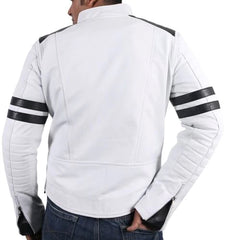 Men’s White Lambskin Leather Motorcycle Jacket with Black Stripes MJ059