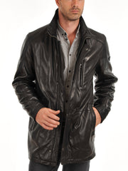 Men's Leather Long Coat with Dual Closure MC20