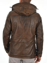 Men's Vintage Brown Leather Long Coat with Detachable Hood MC19