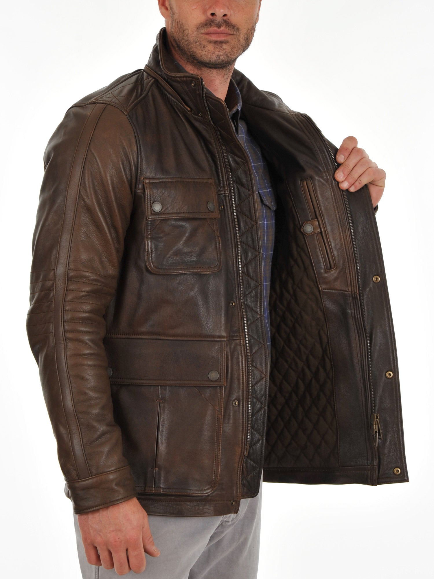 Men's Vintage Brown Leather Long Coat with Detachable Hood MC19