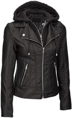 Women’s Leather Biker Jacket with Detachable Hood WJ067