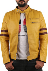 Men’s Yellow Lambskin Leather Motorcycle Jacket with Brown Stripes MJ061