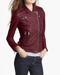 Women’s Burgundy Leather Motorcycle Jacket WJ024