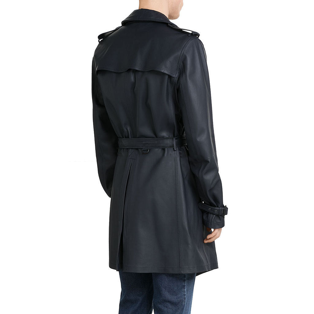 Men's Black Leather Trench Coat with Shoulder Loops MC15